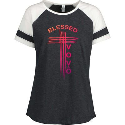 Blessed Vovo Portuguese Grandpa Christian Cross Gift Enza Ladies Jersey Colorblock Tee