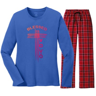 Blessed Vovo Portuguese Grandpa Christian Cross Gift Women's Long Sleeve Flannel Pajama Set 