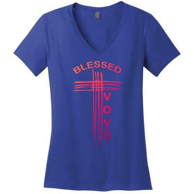 Blessed Vovo Portuguese Grandpa Christian Cross Gift Women's V-Neck T-Shirt