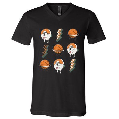 Basketball Vibes Retro Vintage Season Lightning Game Day V-Neck T-Shirt