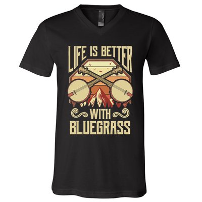 Banjo Vintage Retro Bluegrass Music Fans Banjo Player V-Neck T-Shirt