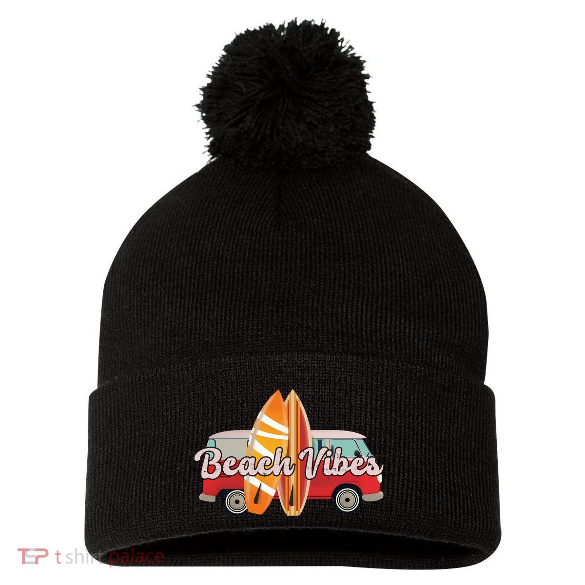 Beach Vibes Surfer Retro Van Pom Pom 12in Knit Beanie