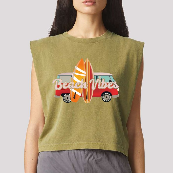 Beach Vibes Surfer Retro Van Garment-Dyed Women's Muscle Tee