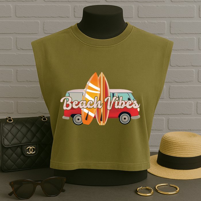 Beach Vibes Surfer Retro Van Garment-Dyed Women's Muscle Tee
