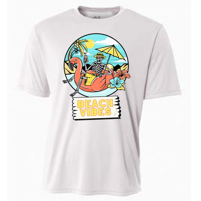 Beach Vibes Skeleton Flamingo Design Cooling Performance Crew T-Shirt