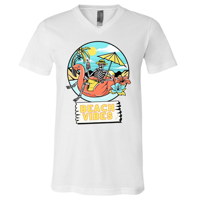 Beach Vibes Skeleton Flamingo Design V-Neck T-Shirt