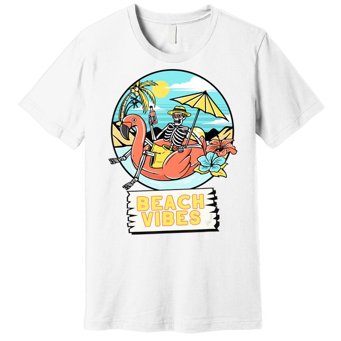 Beach Vibes Skeleton Flamingo Design Premium T-Shirt