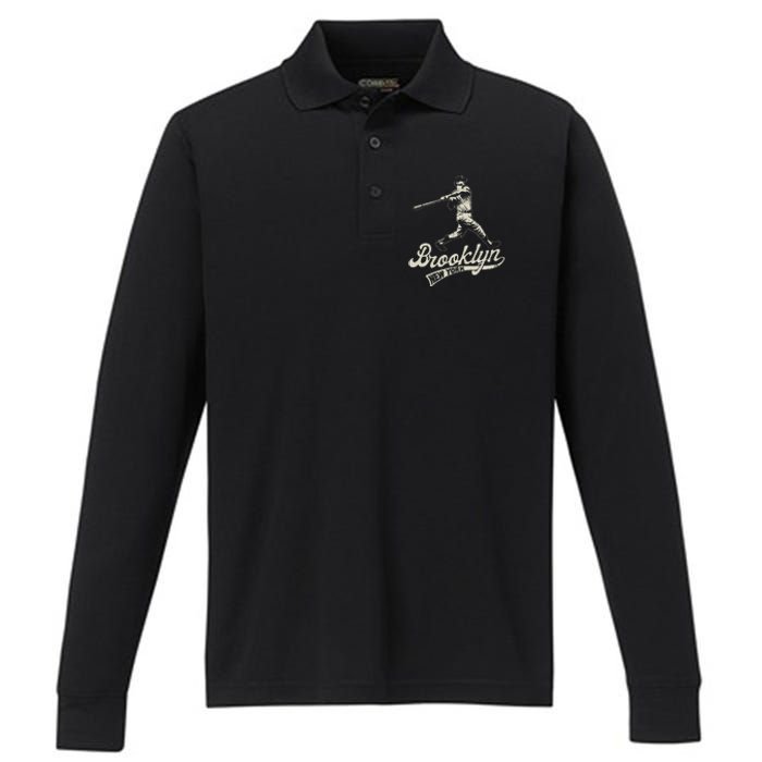 Baseball Vintage Style Brooklyn Performance Long Sleeve Polo