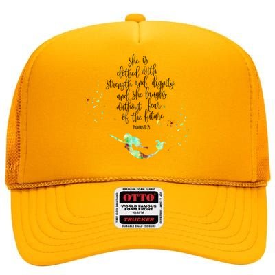 Bible Verse She Is Clothed In Strength And Dignity Mermaid Gift High Crown Mesh Back Trucker Hat