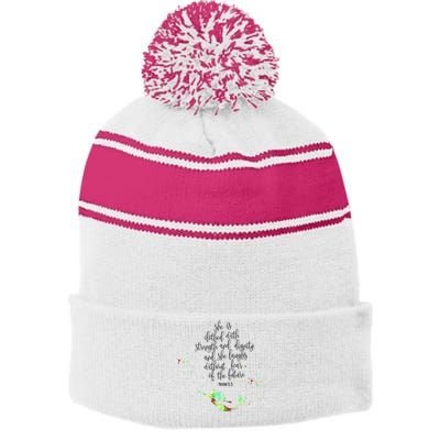 Bible Verse She Is Clothed In Strength And Dignity Mermaid Gift Stripe Pom Pom Beanie