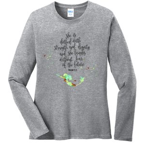 Bible Verse She Is Clothed In Strength And Dignity Mermaid Gift Ladies Long Sleeve Shirt