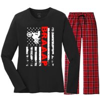 Braaap Vintage USA American Flag Dirt Bike Hoodie Women's Long Sleeve Flannel Pajama Set 