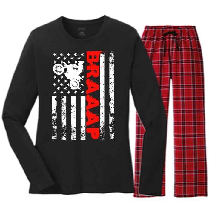 Braaap Vintage USA American Flag Dirt Bike Hoodie Women's Long Sleeve Flannel Pajama Set 