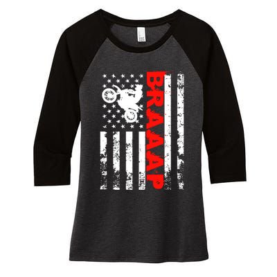 Braaap Vintage USA American Flag Dirt Bike Hoodie Women's Tri-Blend 3/4-Sleeve Raglan Shirt