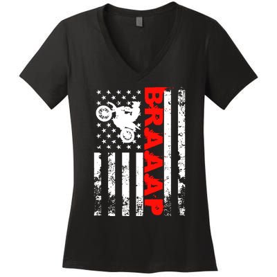 Braaap Vintage USA American Flag Dirt Bike Hoodie Women's V-Neck T-Shirt