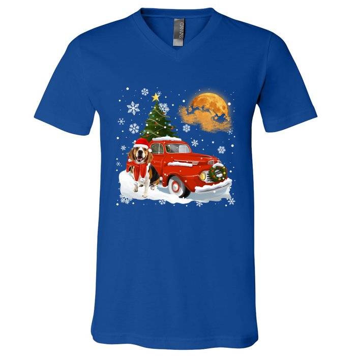 Beagle Vintage Wagon Red Truck Christmas Tree Pajamas Great Gift V-Neck T-Shirt