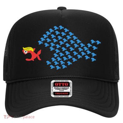 Blue Wave 2024 Big Fish Eat Little Fish Trump Hair High Crown Mesh Back Trucker Hat