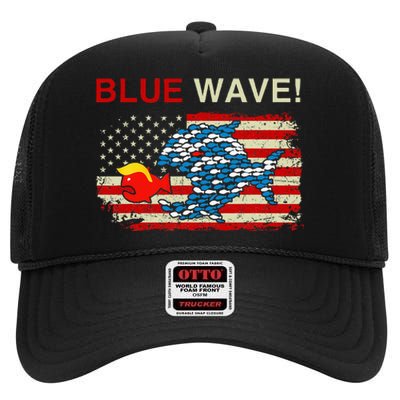 Blue Wave 2024 Funny Big Fish Eat Little Fish Trump Hair High Crown Mesh Back Trucker Hat