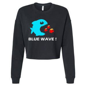 Blue Wave 2024 Funny Big Fish Eat Little Fish Trump Hair Cropped Pullover Crew