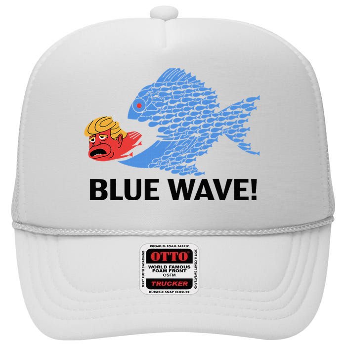 Blue Wave 2024 Funny Big Fish Eat Little Fish Trump Hair High Crown Mesh Back Trucker Hat