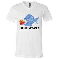 Blue Wave 2024 Funny Big Fish Eat Little Fish Trump Hair V-Neck T-Shirt