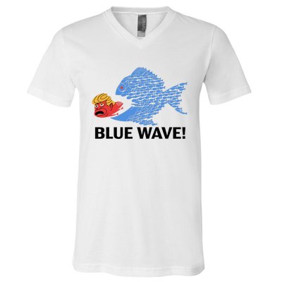 Blue Wave 2024 Funny Big Fish Eat Little Fish Trump Hair V-Neck T-Shirt