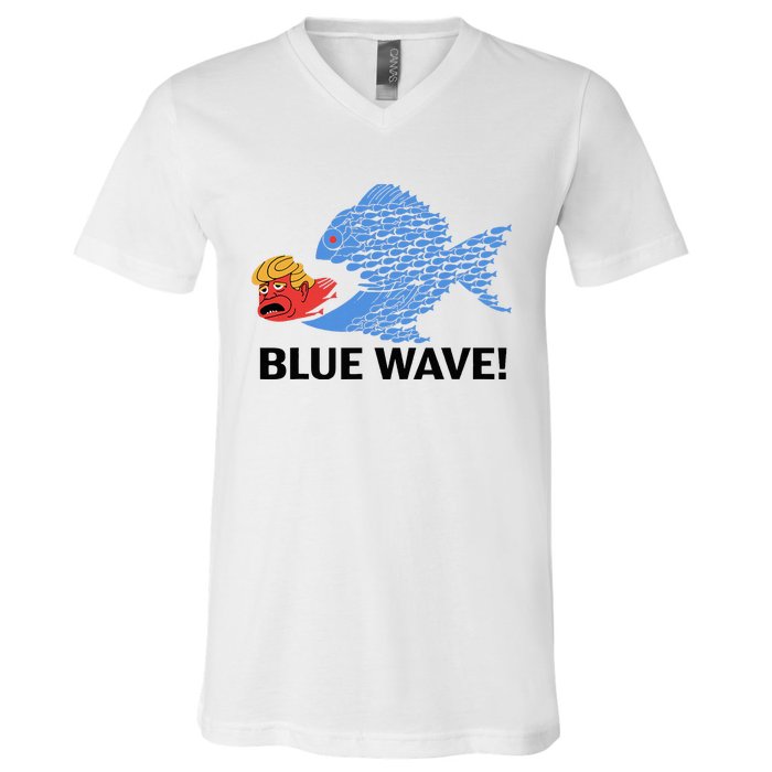 Blue Wave 2024 Funny Big Fish Eat Little Fish Trump Hair V-Neck T-Shirt