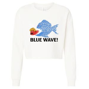 Blue Wave 2024 Funny Big Fish Eat Little Fish Trump Hair Cropped Pullover Crew