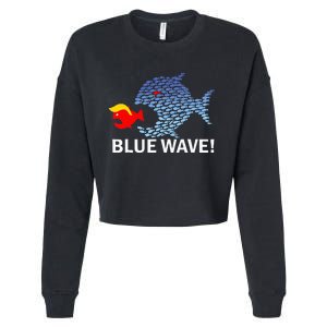 Blue Wave 2024 Funny Big Fish Eat Little Fish Trump Hair Cropped Pullover Crew