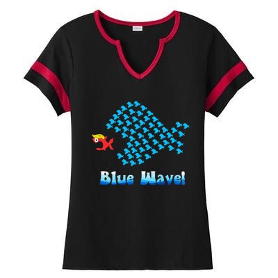 Blue Wave 2024 Funny Big Fish Eat Little Fish Ladies Halftime Notch Neck Tee