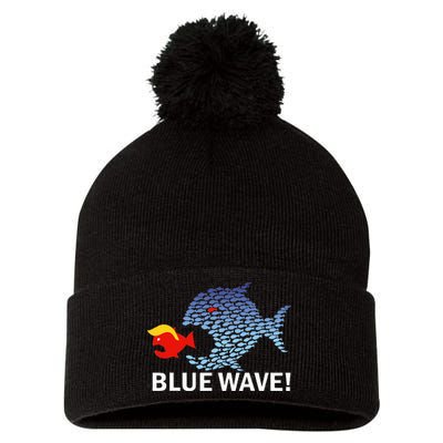 Blue Wave 2024 Funny Big Fish Eat Little Fish Trump Hair Pom Pom 12in Knit Beanie