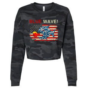 Blue Wave 2024 Funny Big Fish Eat Little Fish Trump Hair Cropped Pullover Crew