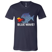 Blue Wave 2024 Funny Big Fish Eat Little Fish Trump Hair V-Neck T-Shirt