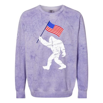 Bigfoot With American Flag Funny 4th Of July Sasquatch USA Colorblast Crewneck Sweatshirt