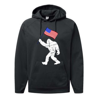 Bigfoot With American Flag Funny 4th Of July Sasquatch USA Performance Fleece Hoodie