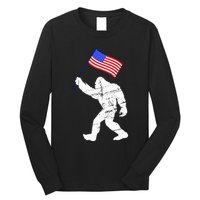 Bigfoot With American Flag Funny 4th Of July Sasquatch USA Long Sleeve Shirt