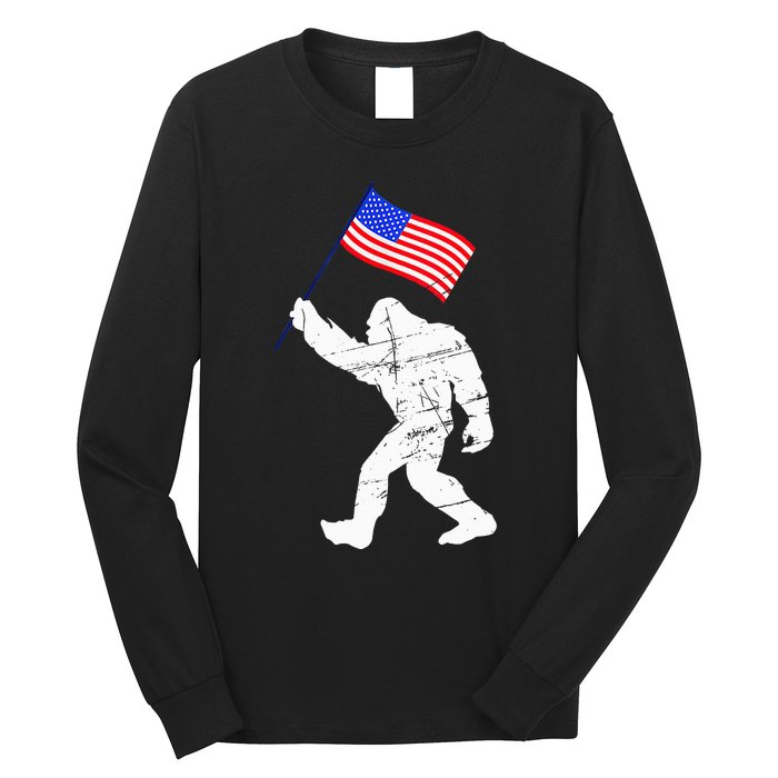 Bigfoot With American Flag Funny 4th Of July Sasquatch USA Long Sleeve Shirt