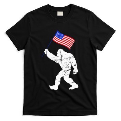 Bigfoot With American Flag Funny 4th Of July Sasquatch USA T-Shirt