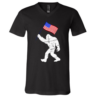 Bigfoot With American Flag Funny 4th Of July Sasquatch USA V-Neck T-Shirt