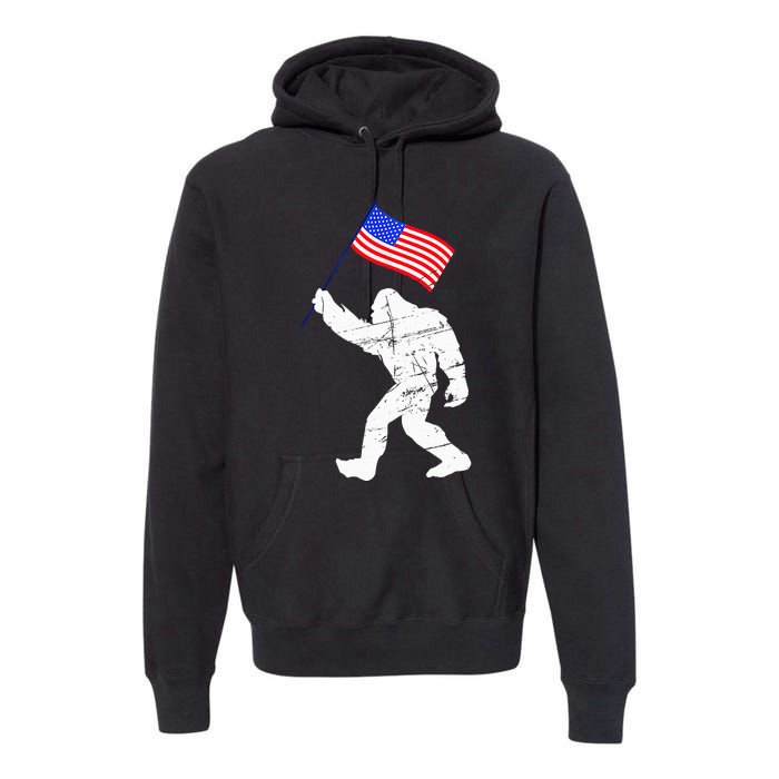 Bigfoot With American Flag Funny 4th Of July Sasquatch USA Premium Hoodie