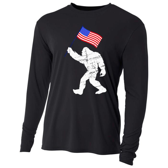 Bigfoot With American Flag Funny 4th Of July Sasquatch USA Cooling Performance Long Sleeve Crew