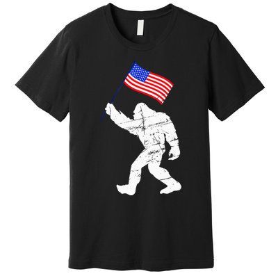 Bigfoot With American Flag Funny 4th Of July Sasquatch USA Premium T-Shirt