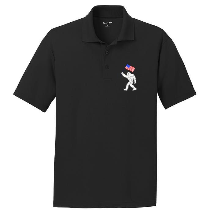 Bigfoot With American Flag Funny 4th Of July Sasquatch USA PosiCharge RacerMesh Polo