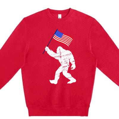 Bigfoot With American Flag Funny 4th Of July Sasquatch USA Premium Crewneck Sweatshirt