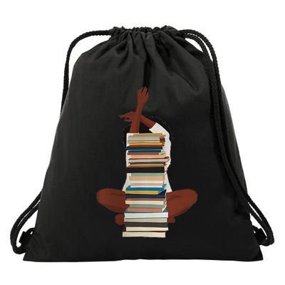 Black Woman And Books Stack Afro Girl Reading Lover Drawstring Bag