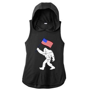 Bigfoot With American Flag 4th Of July Sasquatch Ladies PosiCharge Tri-Blend Wicking Draft Hoodie Tank