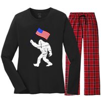 Bigfoot With American Flag 4th Of July Sasquatch Women's Long Sleeve Flannel Pajama Set 