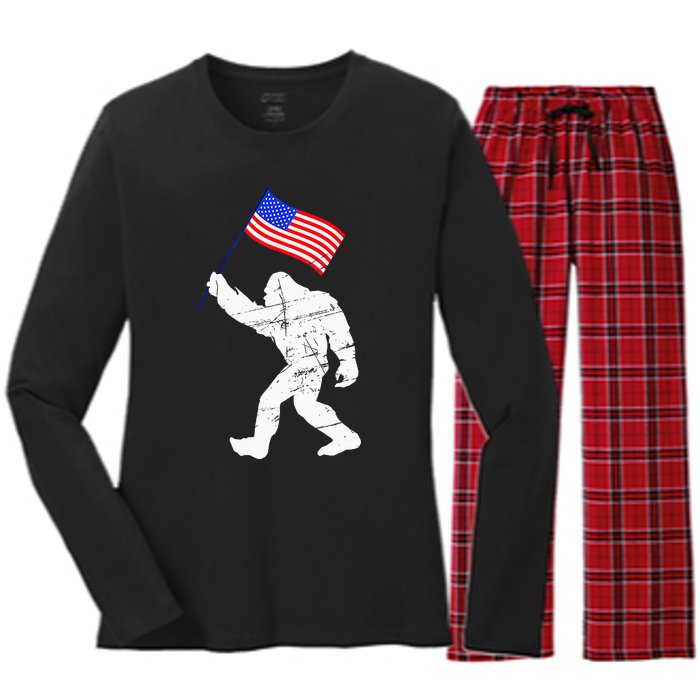 Bigfoot With American Flag 4th Of July Sasquatch Women's Long Sleeve Flannel Pajama Set 