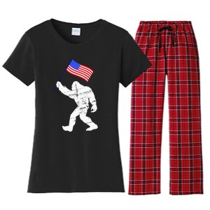 Bigfoot With American Flag 4th Of July Sasquatch Women's Flannel Pajama Set