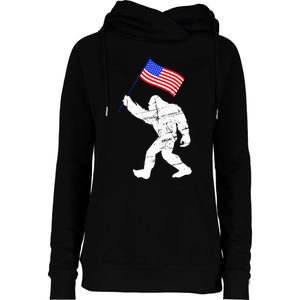 Bigfoot With American Flag 4th Of July Sasquatch Womens Funnel Neck Pullover Hood